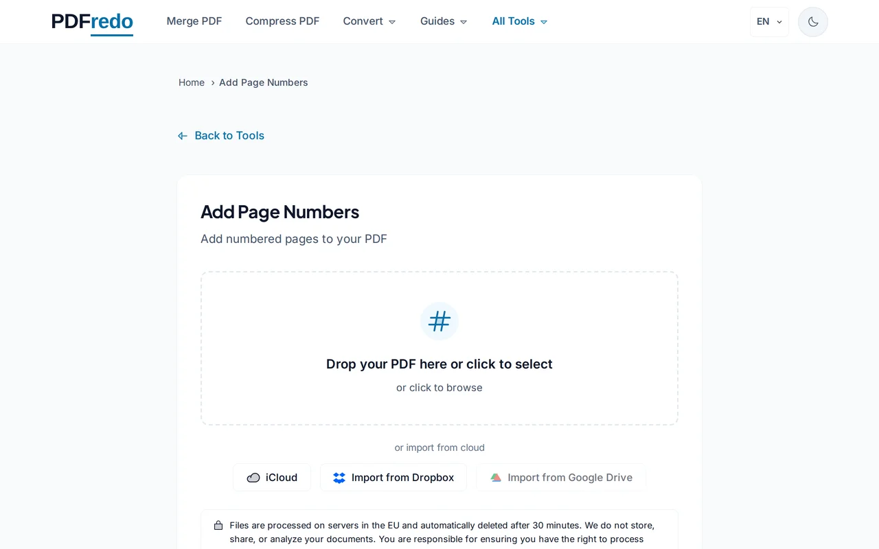 Upload your PDF — PDFredo add-page-numbers