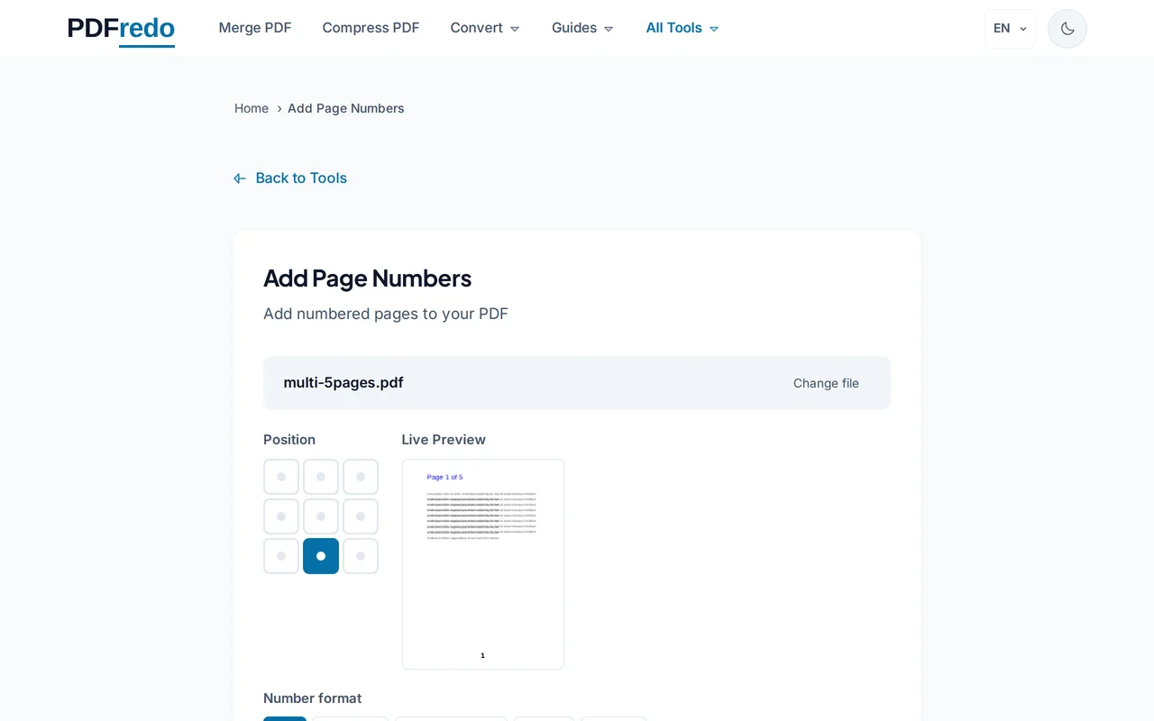 Customize position and format — PDFredo add-page-numbers