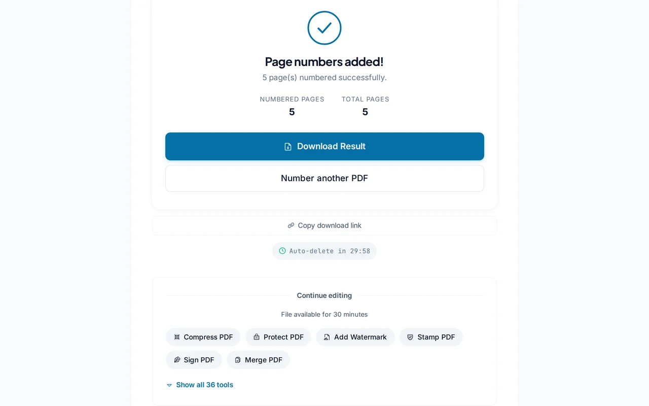Download the numbered PDF — PDFredo add-page-numbers