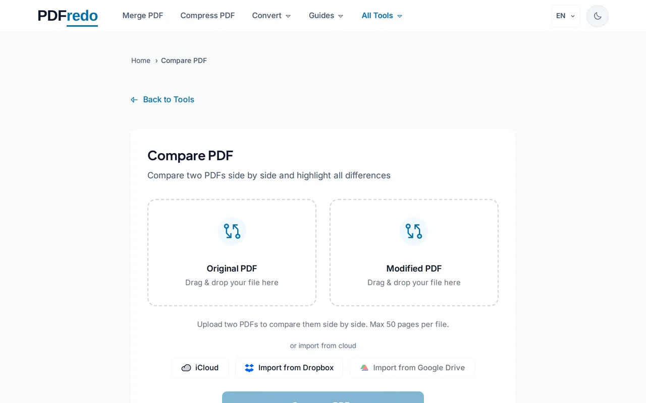 Upload both PDFs — PDFredo compare