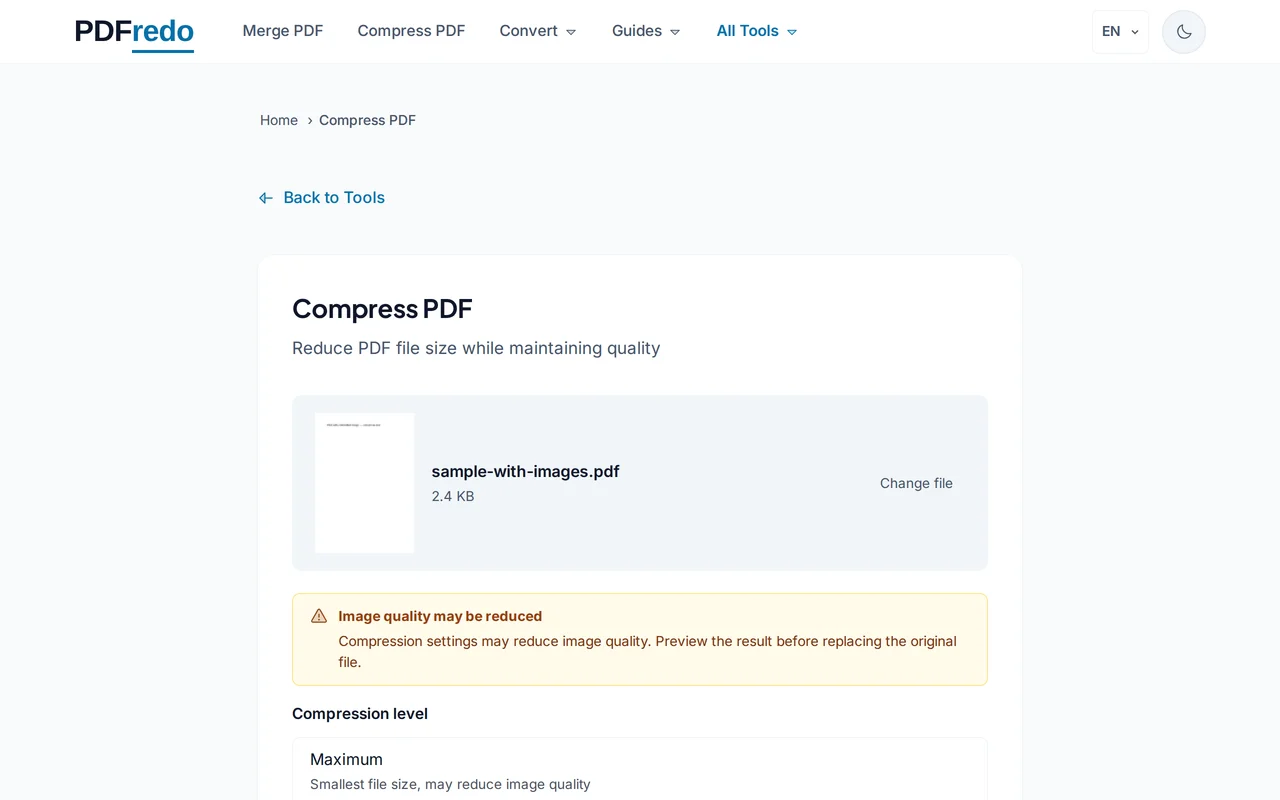 Choose a compression level — PDFredo compress