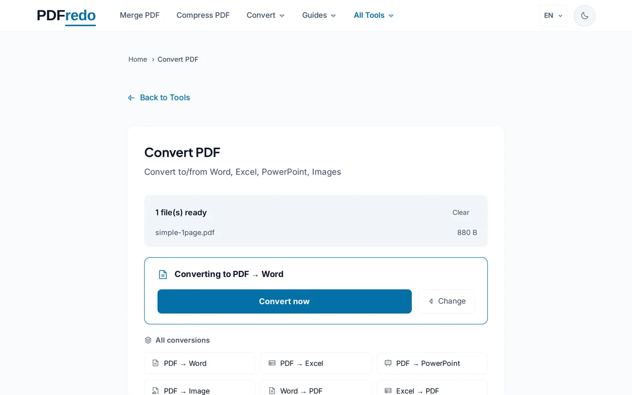 Pick the target format — PDFredo convert