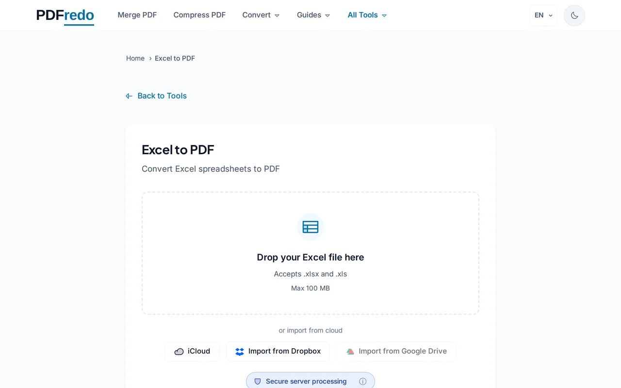 Upload your Excel file — PDFredo excel-to-pdf