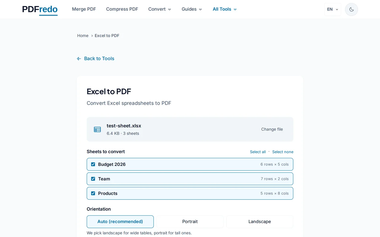 Pick page options — PDFredo excel-to-pdf