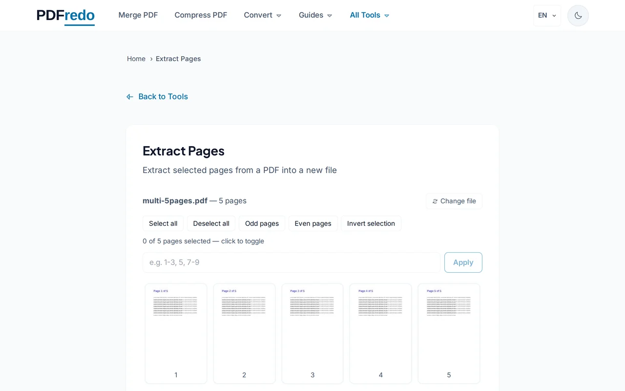 Select the pages to extract — PDFredo extract