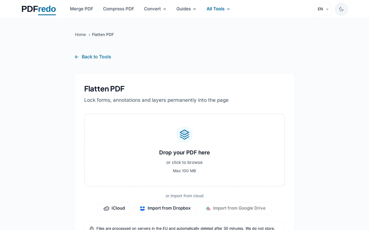 Upload your PDF — PDFredo flatten