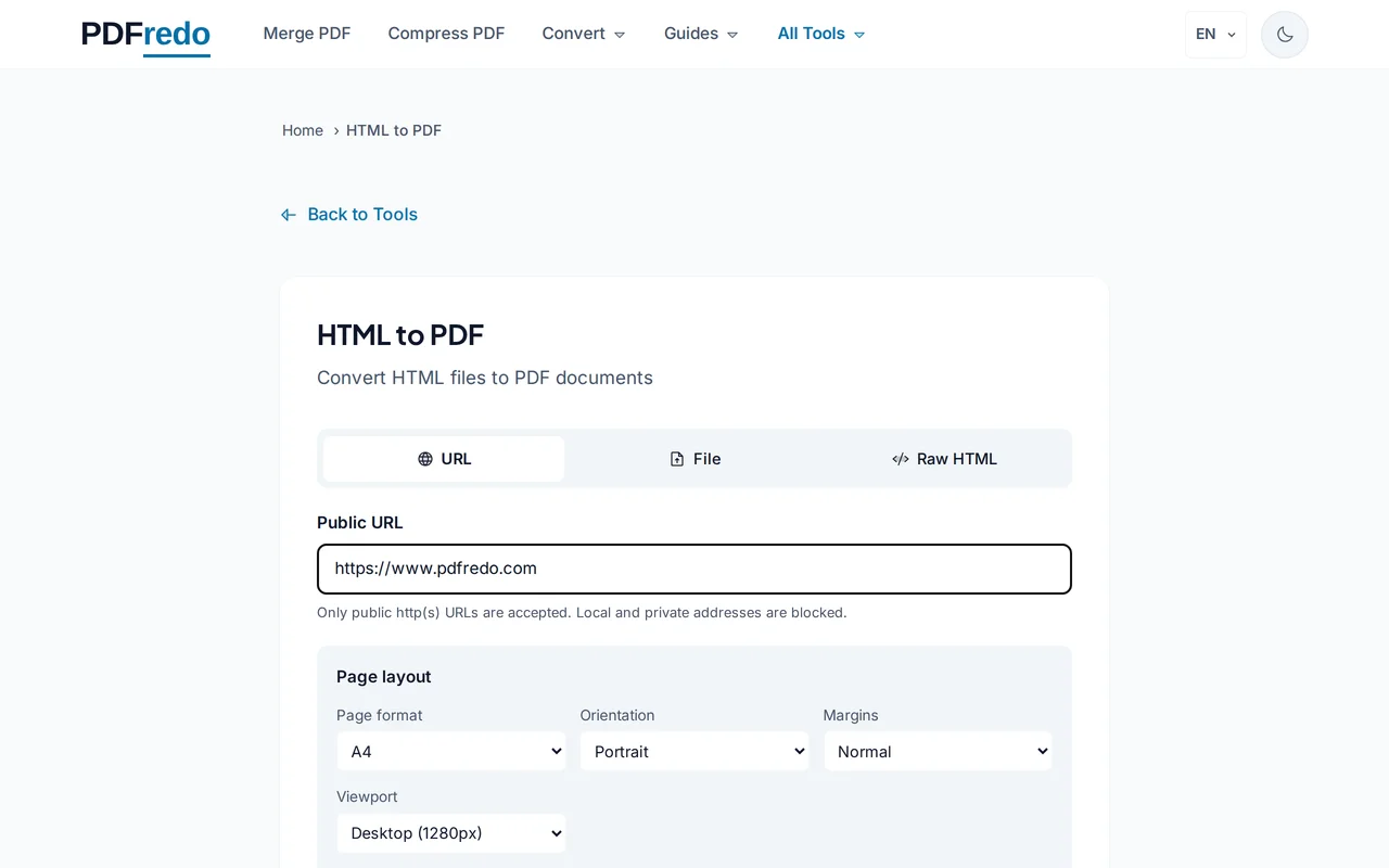 Pick page options — PDFredo html-to-pdf