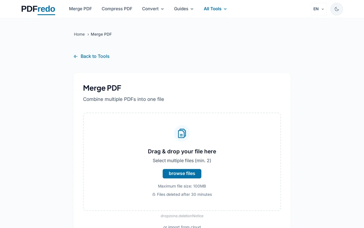 Upload your PDF files — PDFredo merge