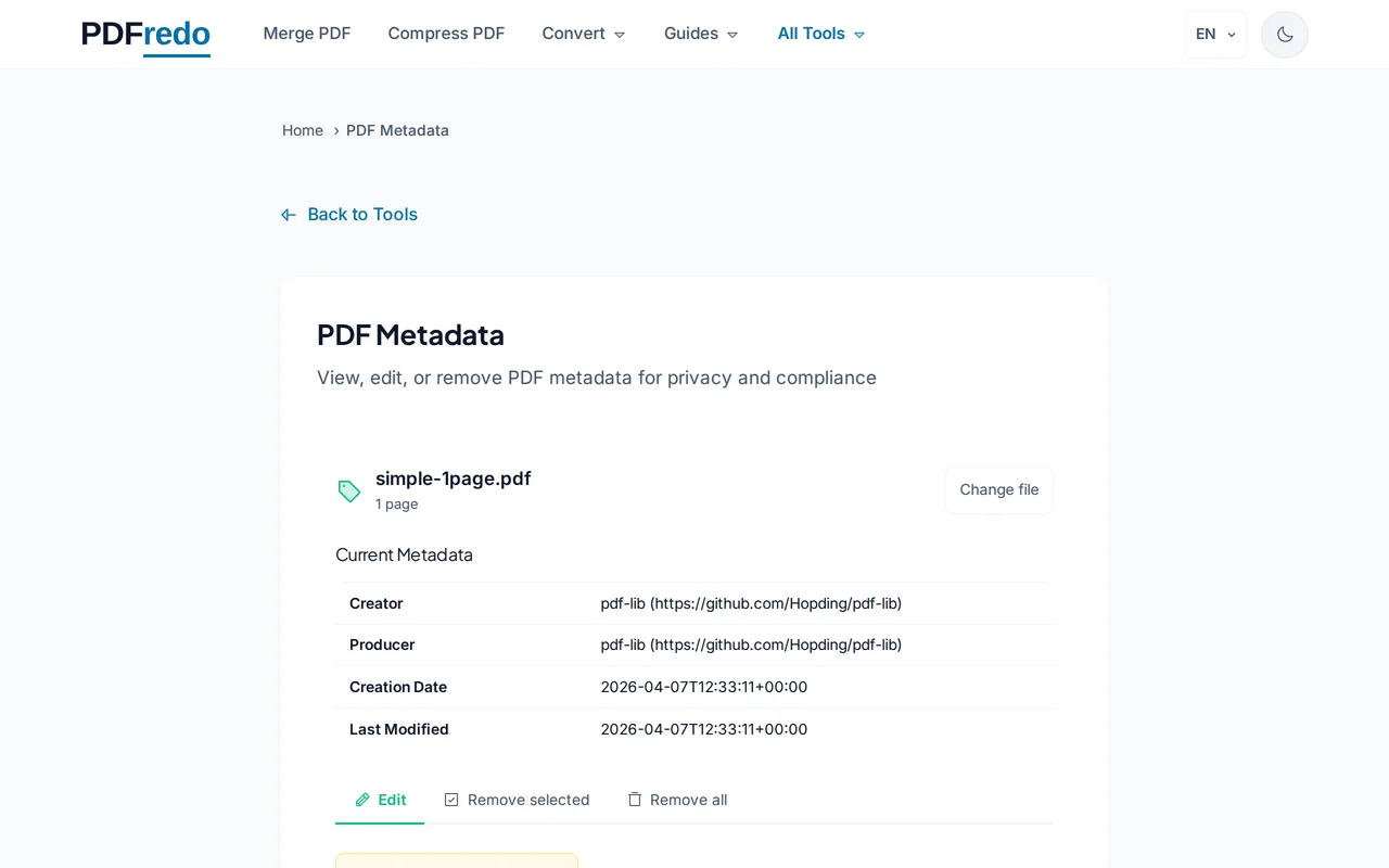 Edit the metadata fields — PDFredo metadata