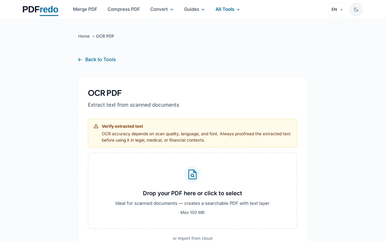 Upload your scanned PDF — PDFredo ocr
