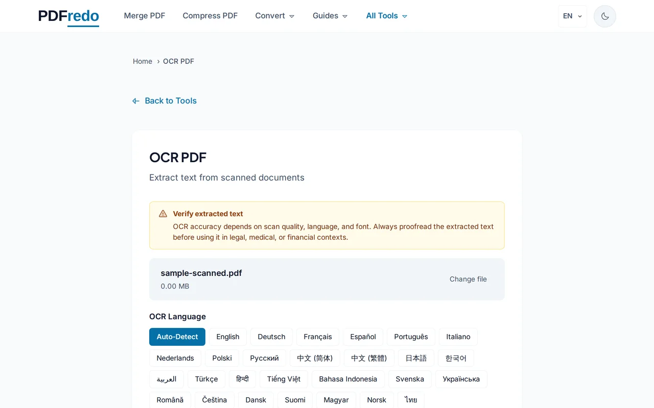 Select the document language — PDFredo ocr