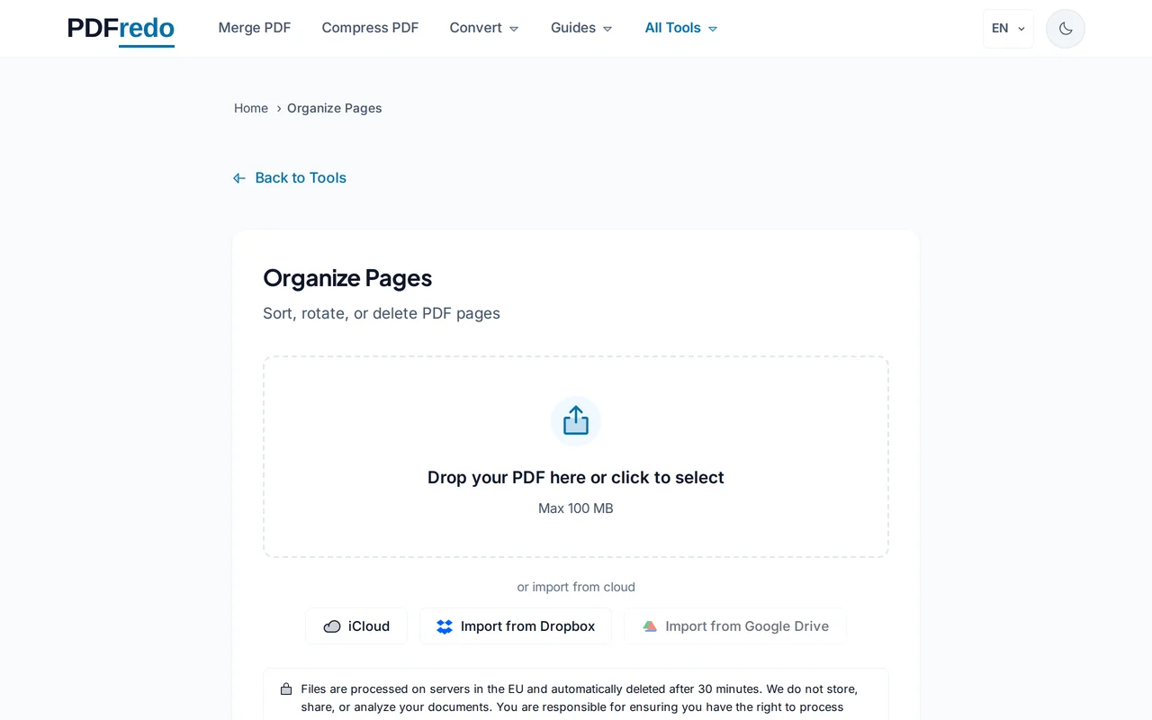 Upload your PDF — PDFredo organize