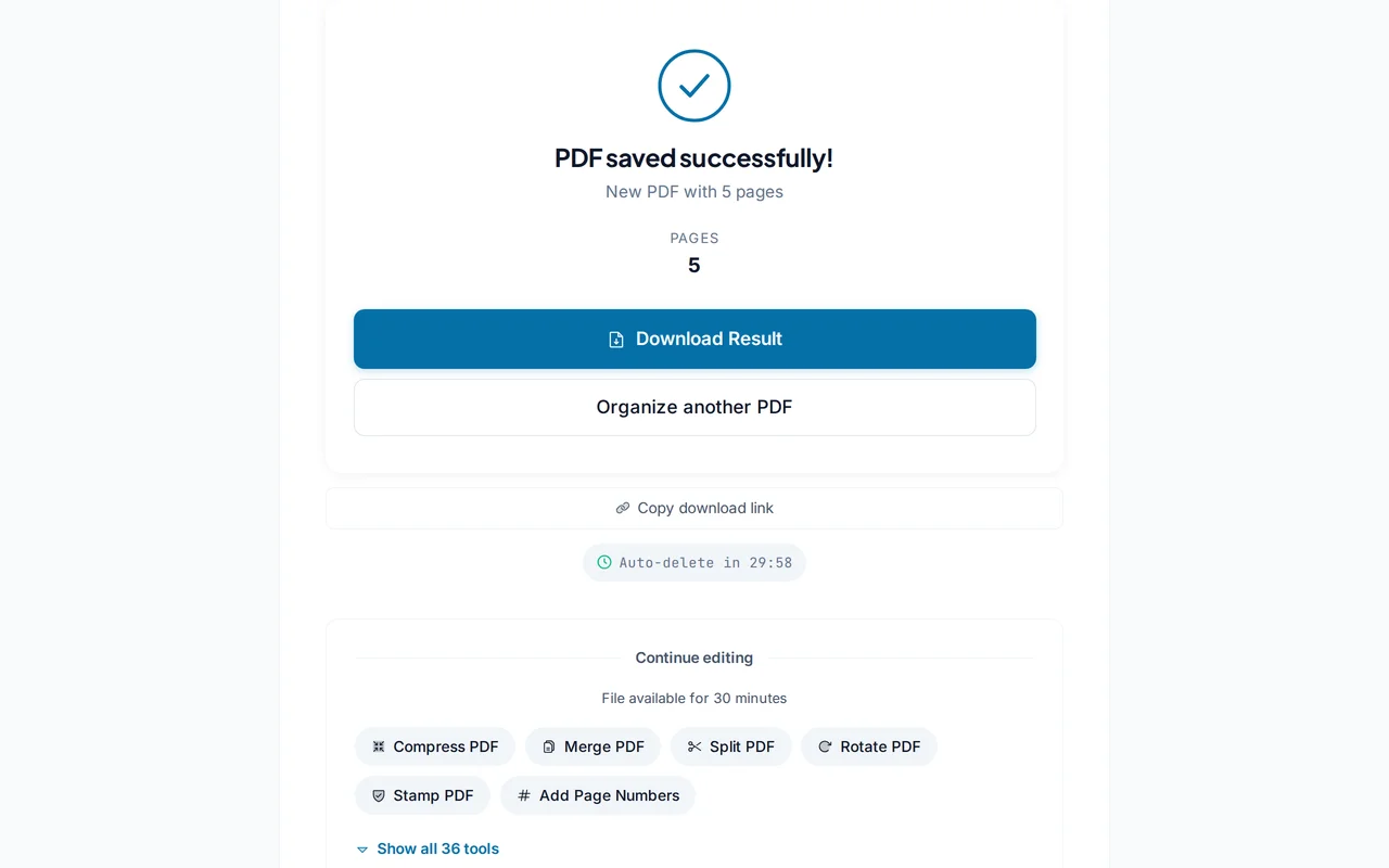 Download the organized PDF — PDFredo organize
