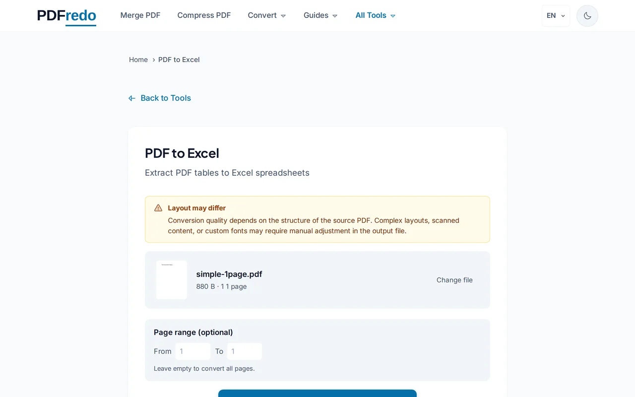 Start the conversion — PDFredo pdf-to-excel