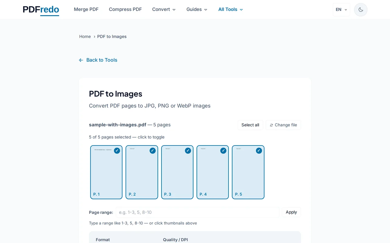 Pick format and resolution — PDFredo pdf-to-image