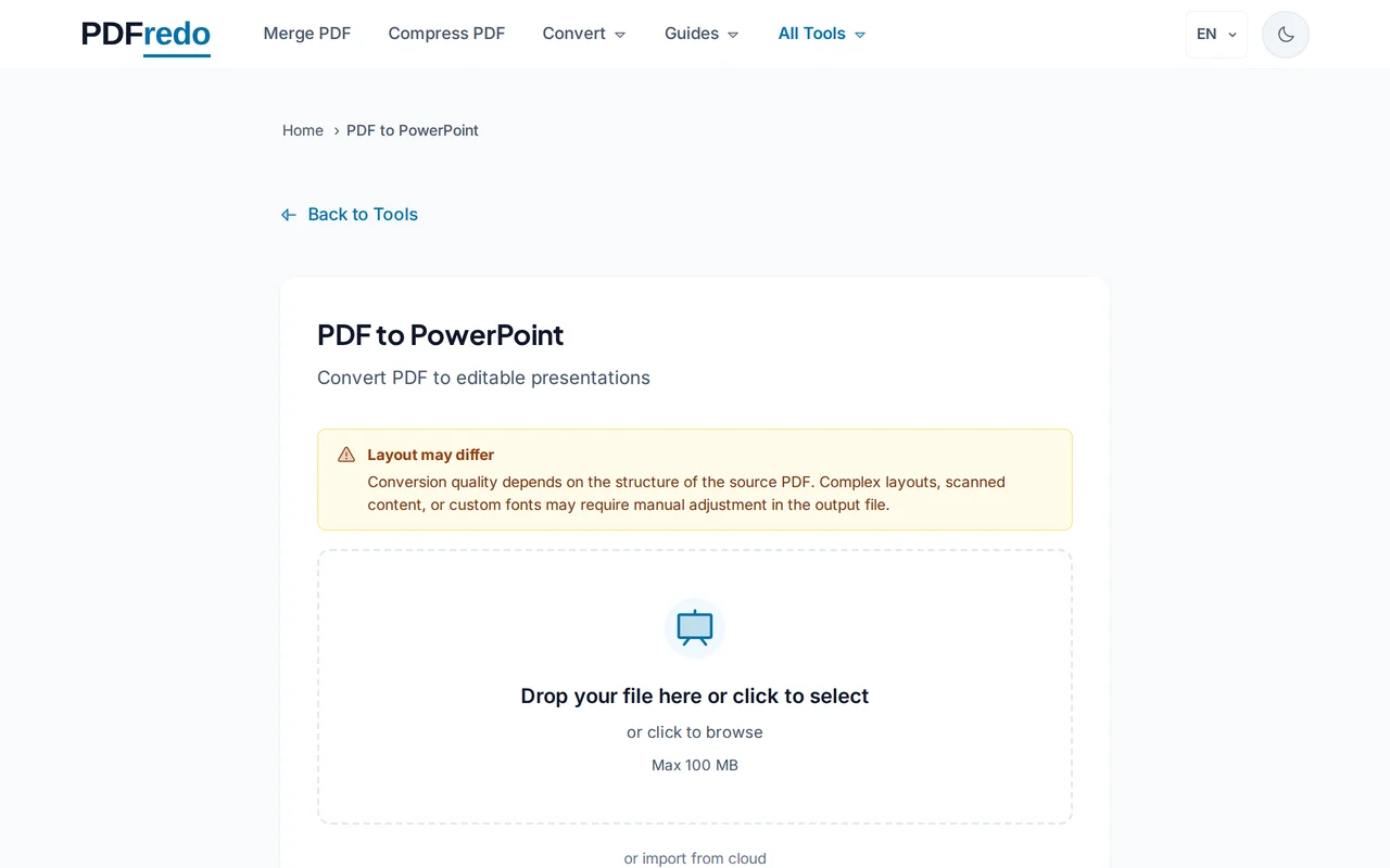 Upload your PDF — PDFredo pdf-to-powerpoint