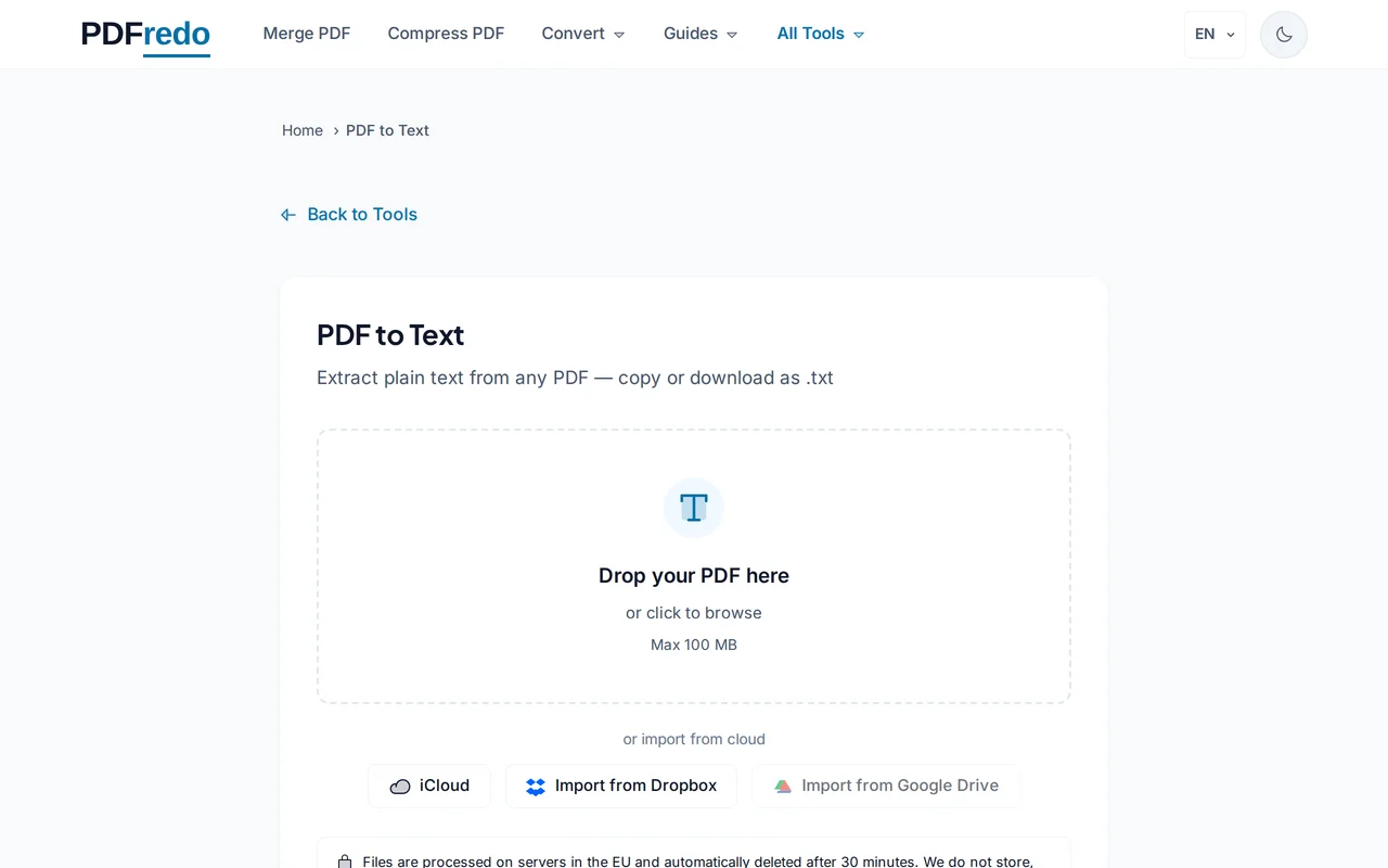 Upload your PDF — PDFredo pdf-to-text