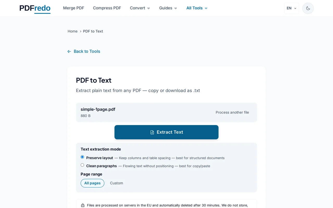 Pick text options — PDFredo pdf-to-text