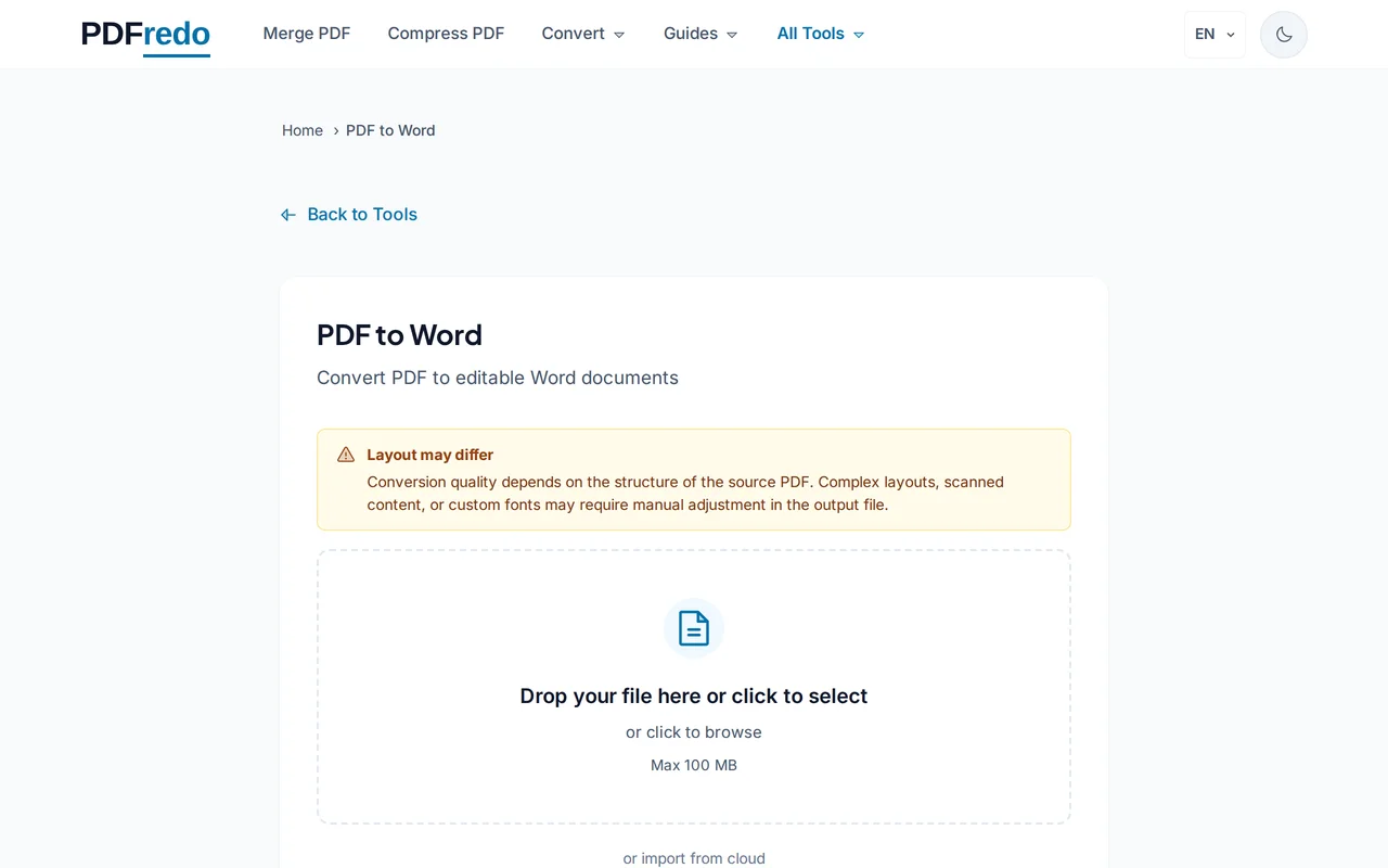 Upload your PDF — PDFredo pdf-to-word