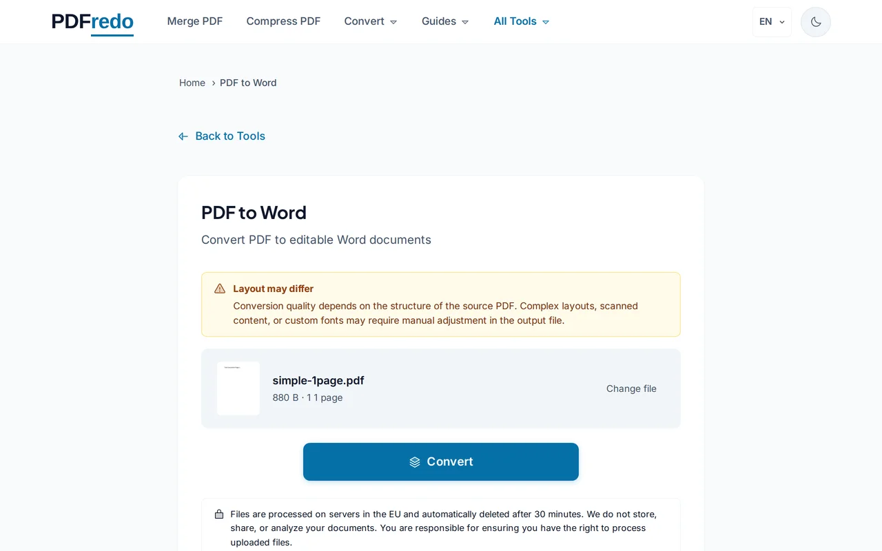 Start the conversion — PDFredo pdf-to-word
