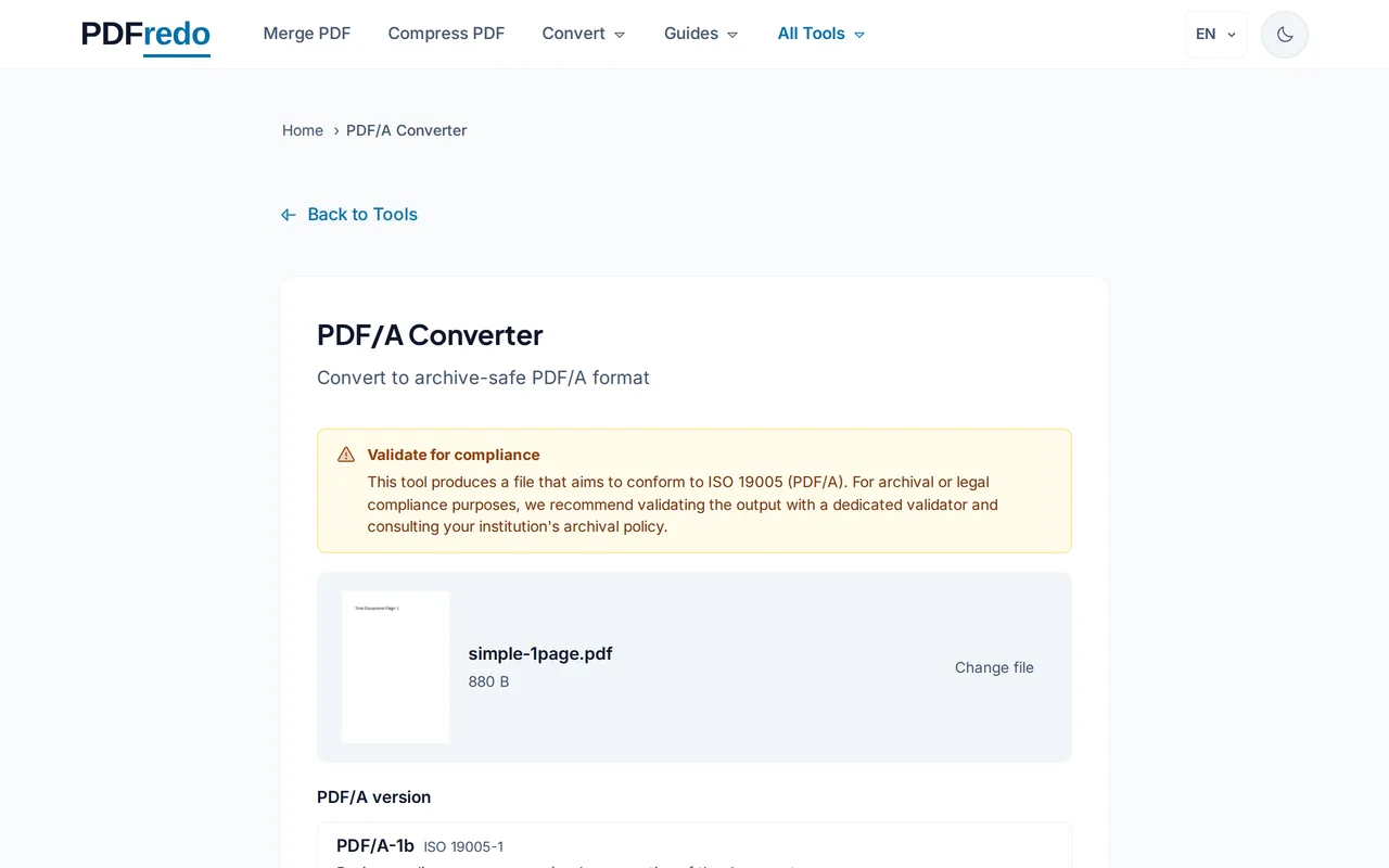 Pick the PDF/A level — PDFredo pdfa