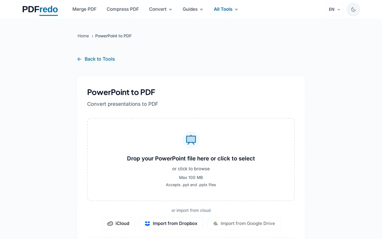 Upload your PowerPoint file — PDFredo powerpoint-to-pdf