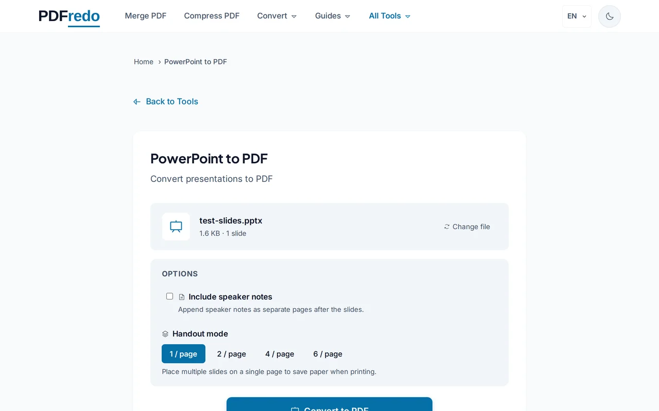 Pick page options — PDFredo powerpoint-to-pdf