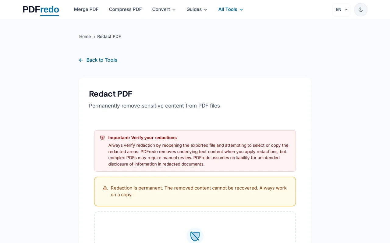 Upload your PDF — PDFredo redact