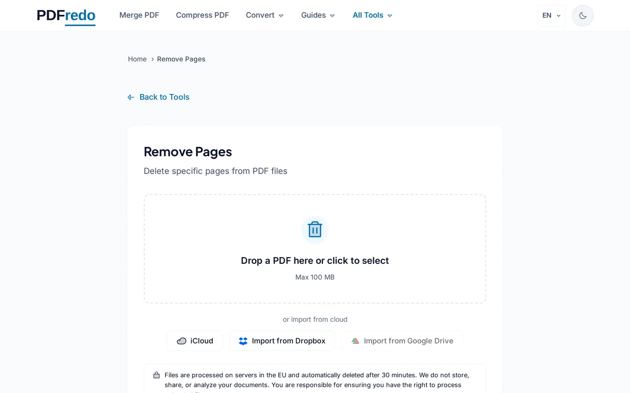 Upload your PDF — PDFredo remove-pages