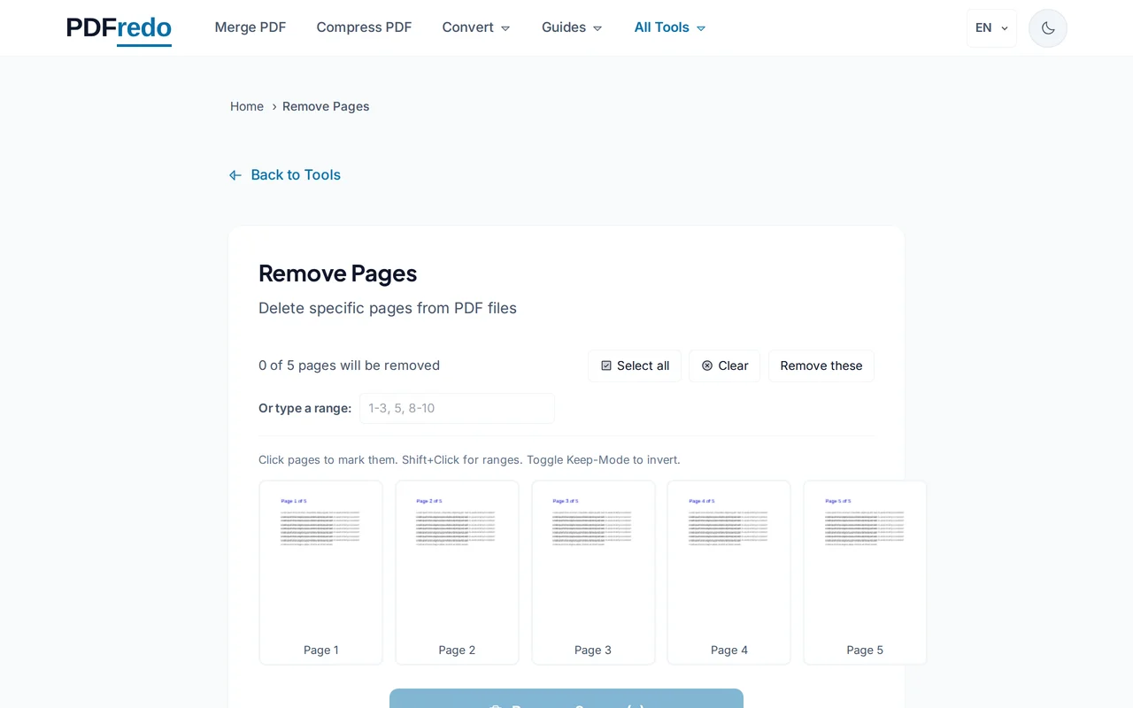 Mark pages to remove — PDFredo remove-pages