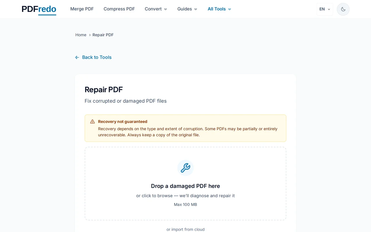 Upload the damaged PDF — PDFredo repair