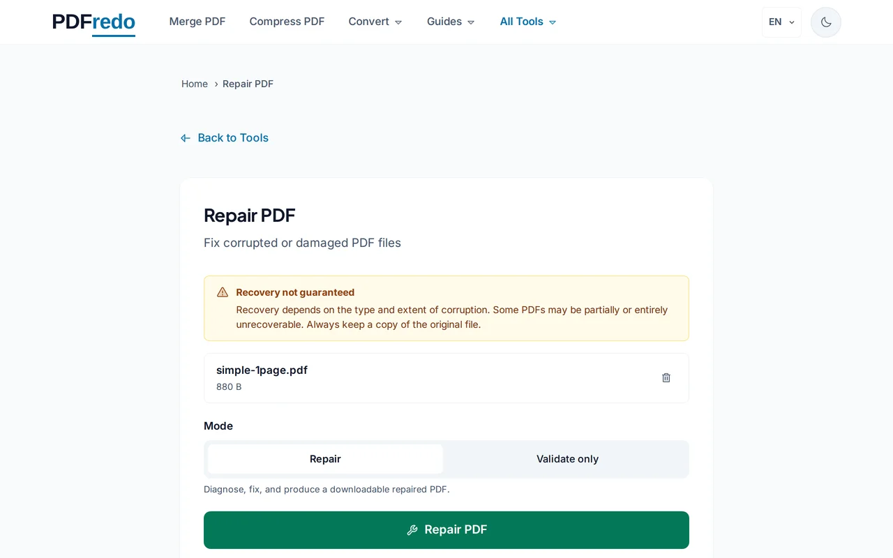 Start the repair — PDFredo repair