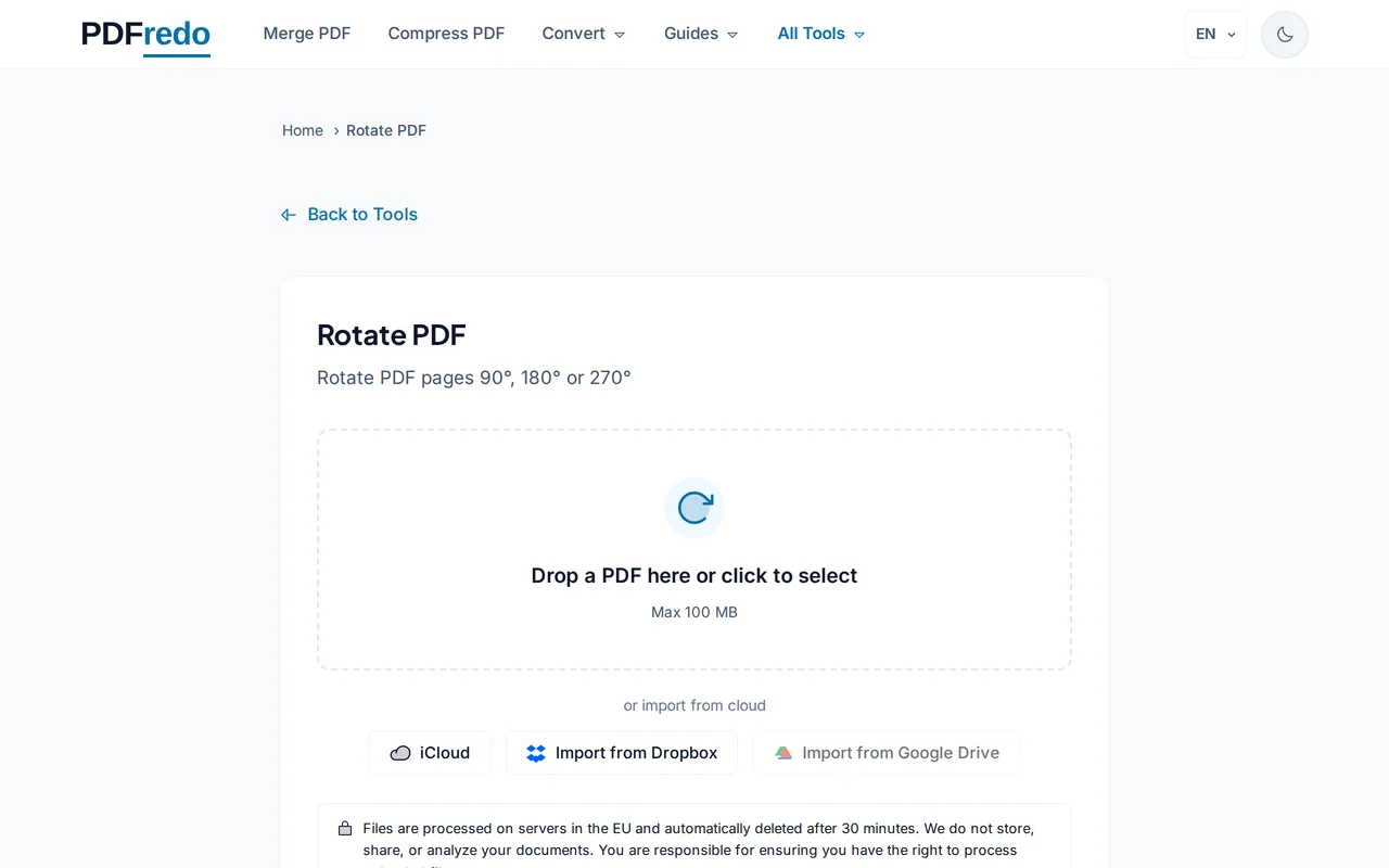 Upload your PDF — PDFredo rotate