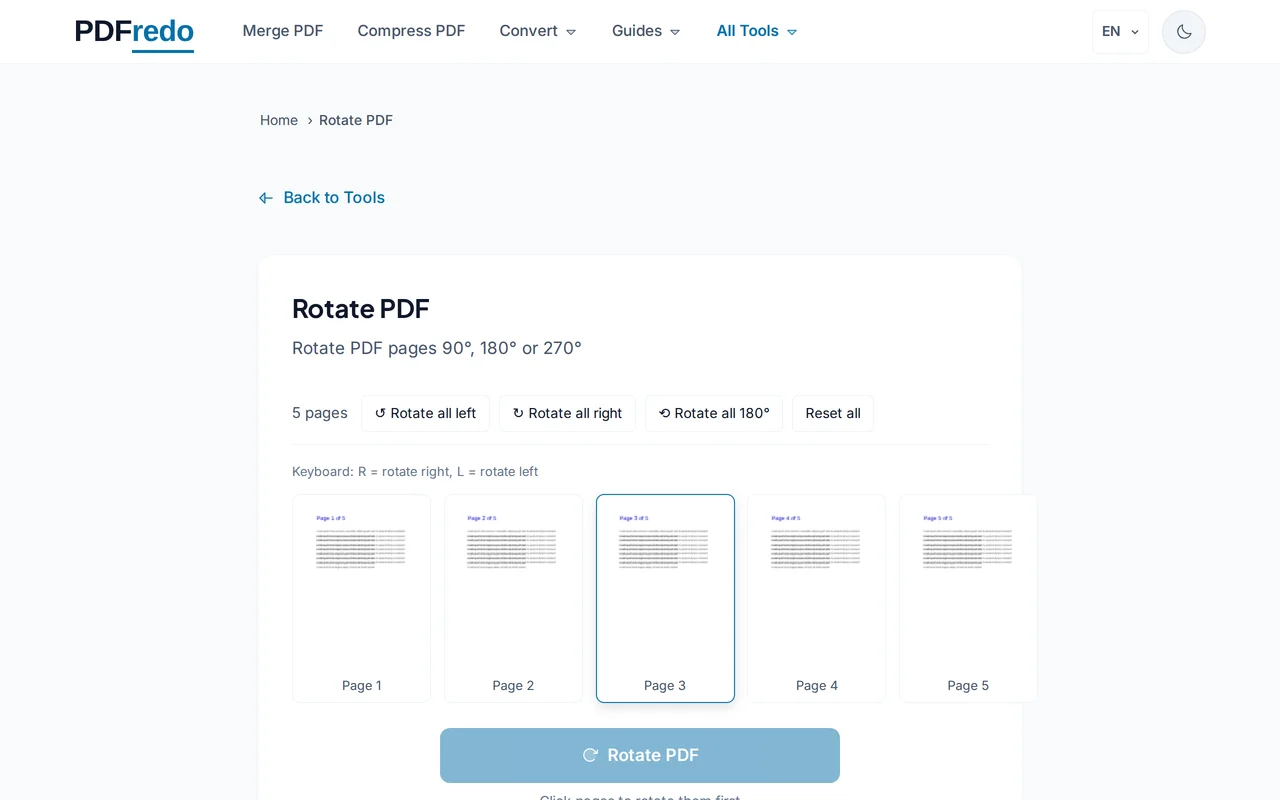 Select pages and rotation — PDFredo rotate