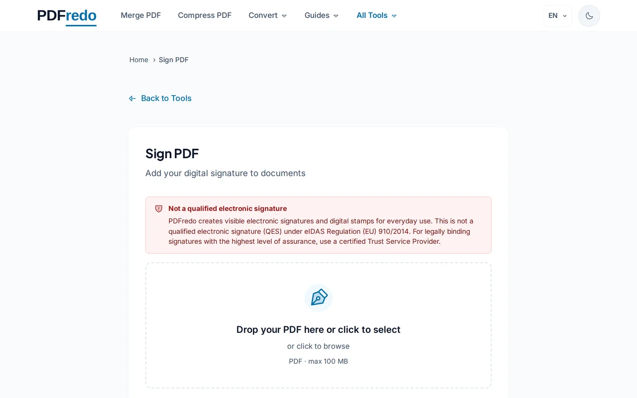 Upload your PDF — PDFredo sign