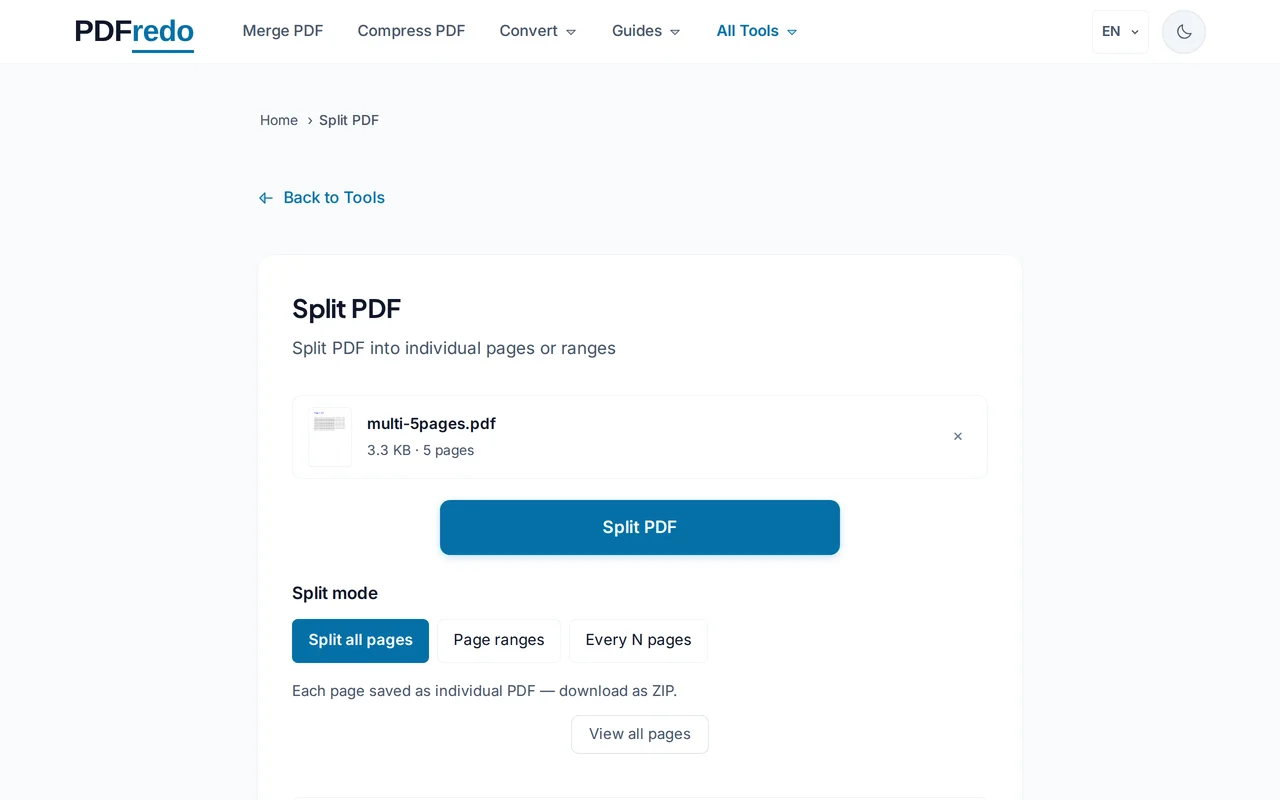 Choose how to split — PDFredo split
