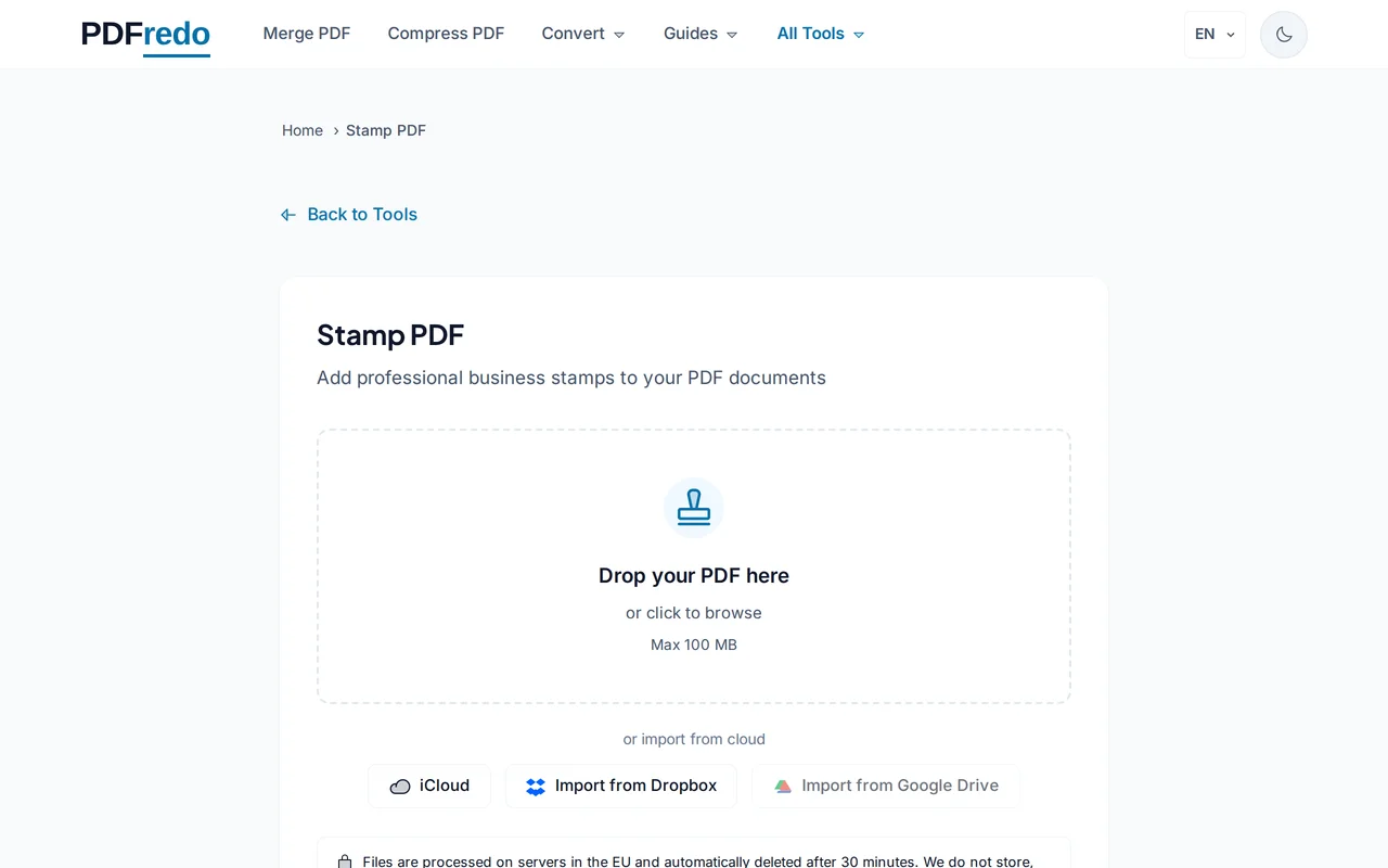 Upload your PDF — PDFredo stamp