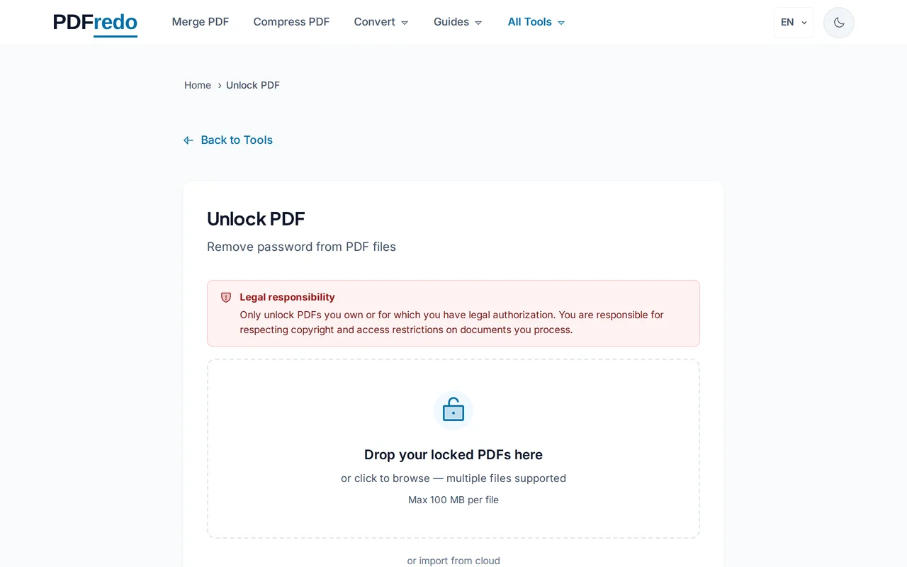 Upload your protected PDF — PDFredo unlock