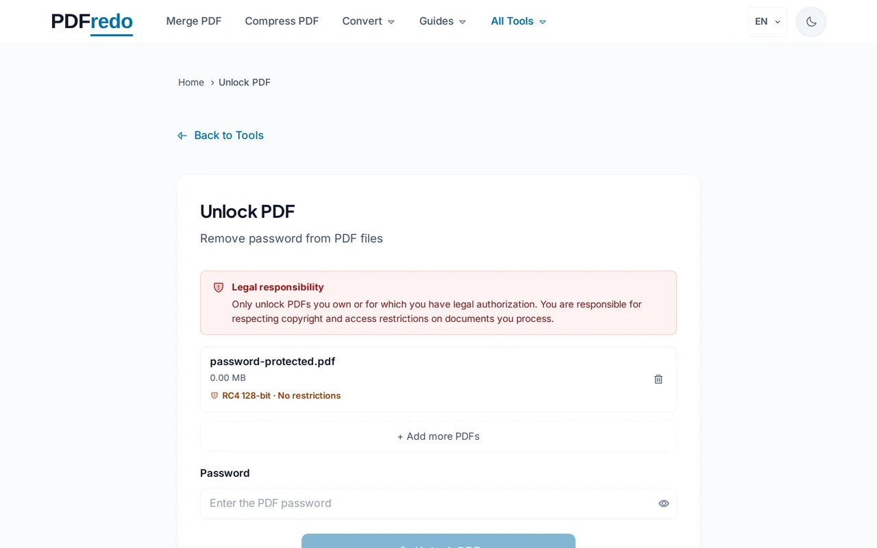 Enter the current password — PDFredo unlock