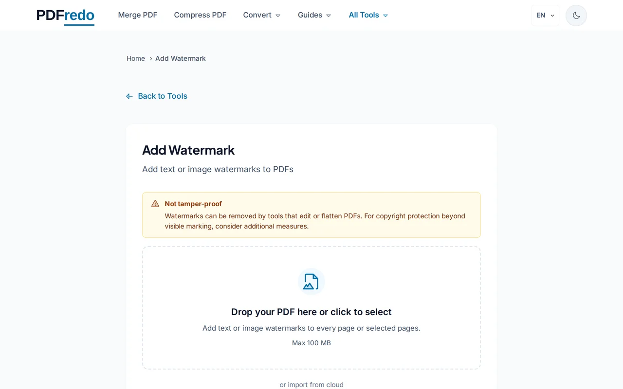 Upload your PDF — PDFredo watermark