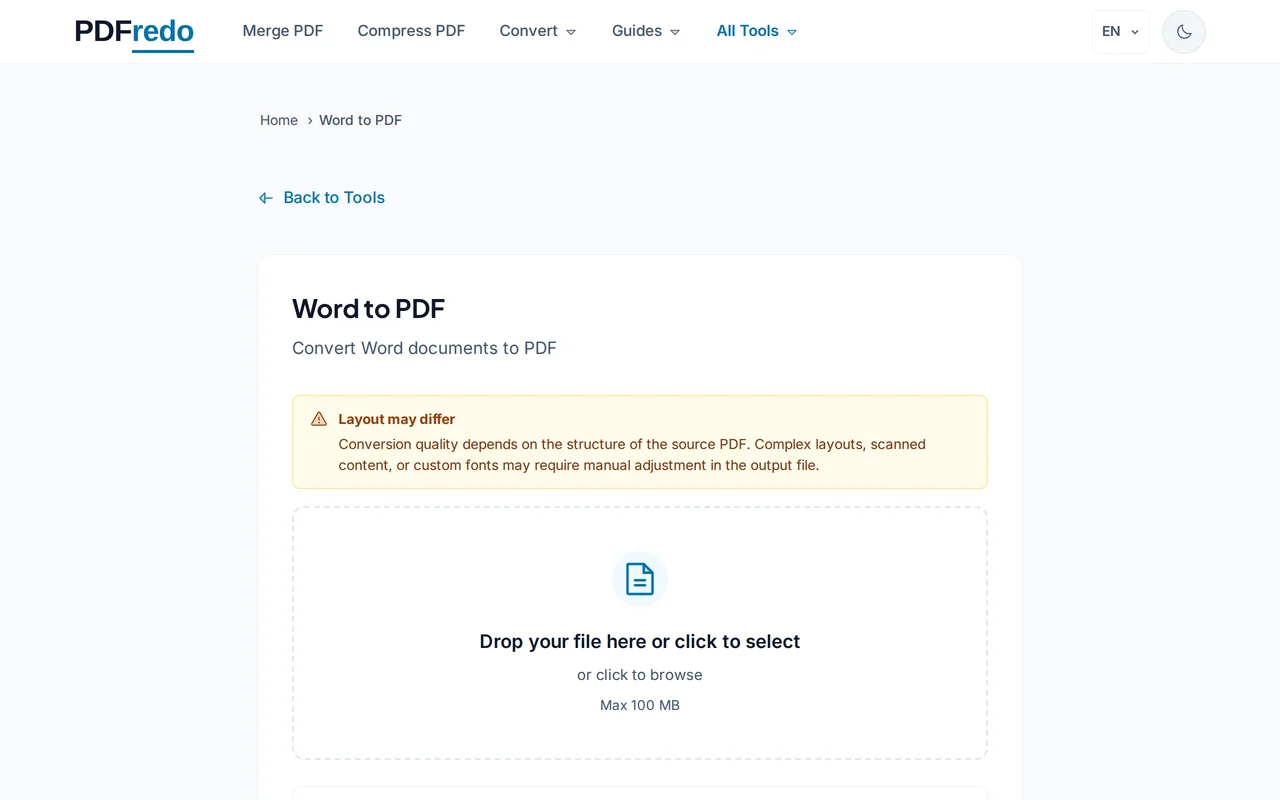 Upload your Word file — PDFredo word-to-pdf