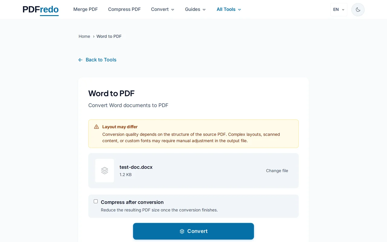 Start the conversion — PDFredo word-to-pdf
